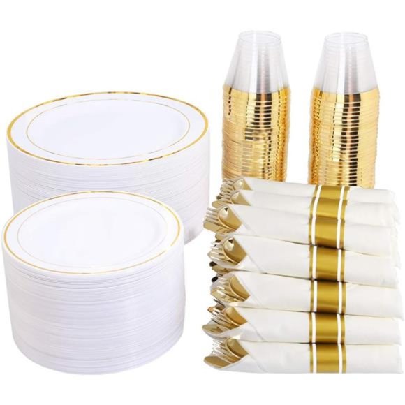 350 Pieces Gold Plastic Plates with Disposable Silverware and Cups - Picture 1 of 7